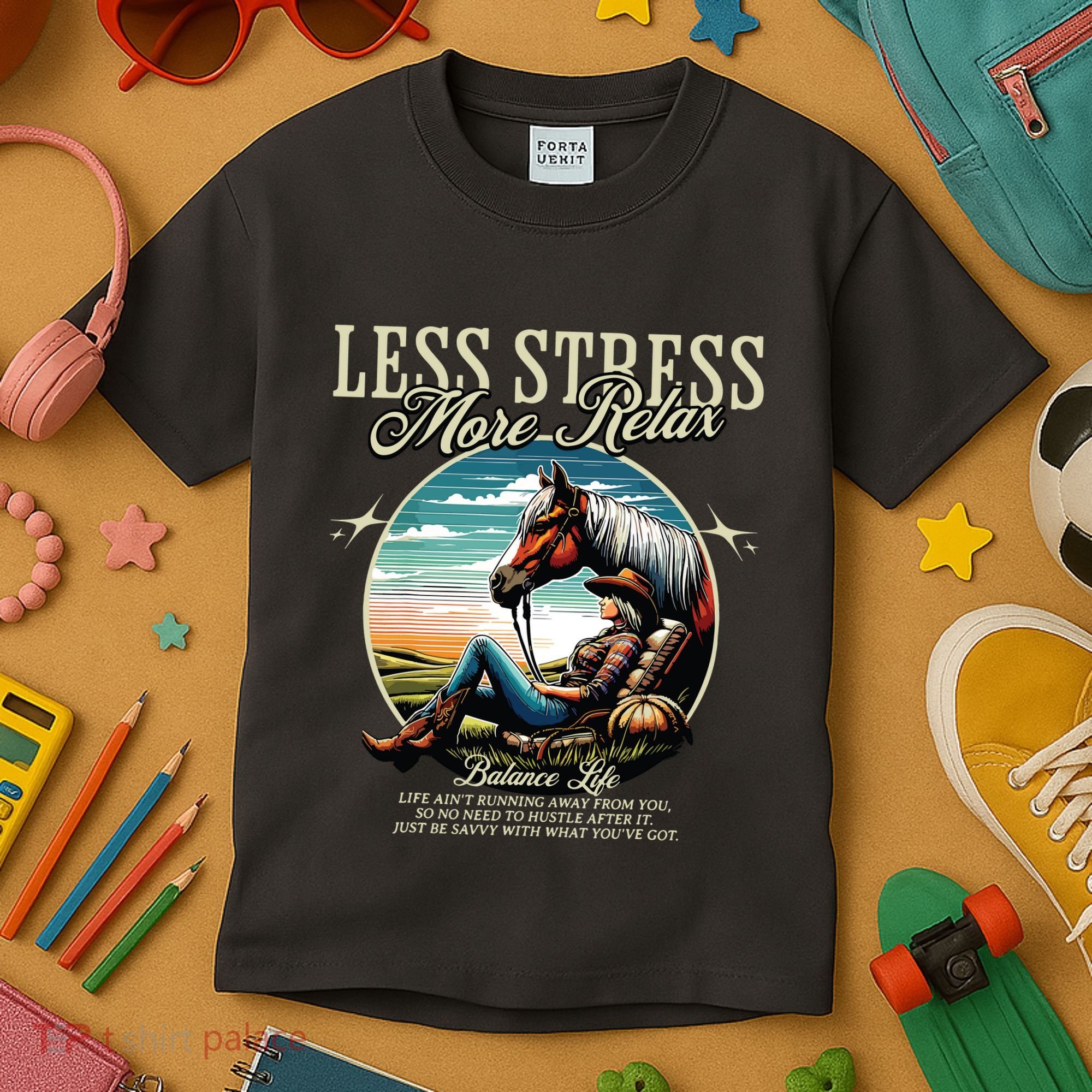 Less Stress More Relax Cowgirl Kids T-Shirt