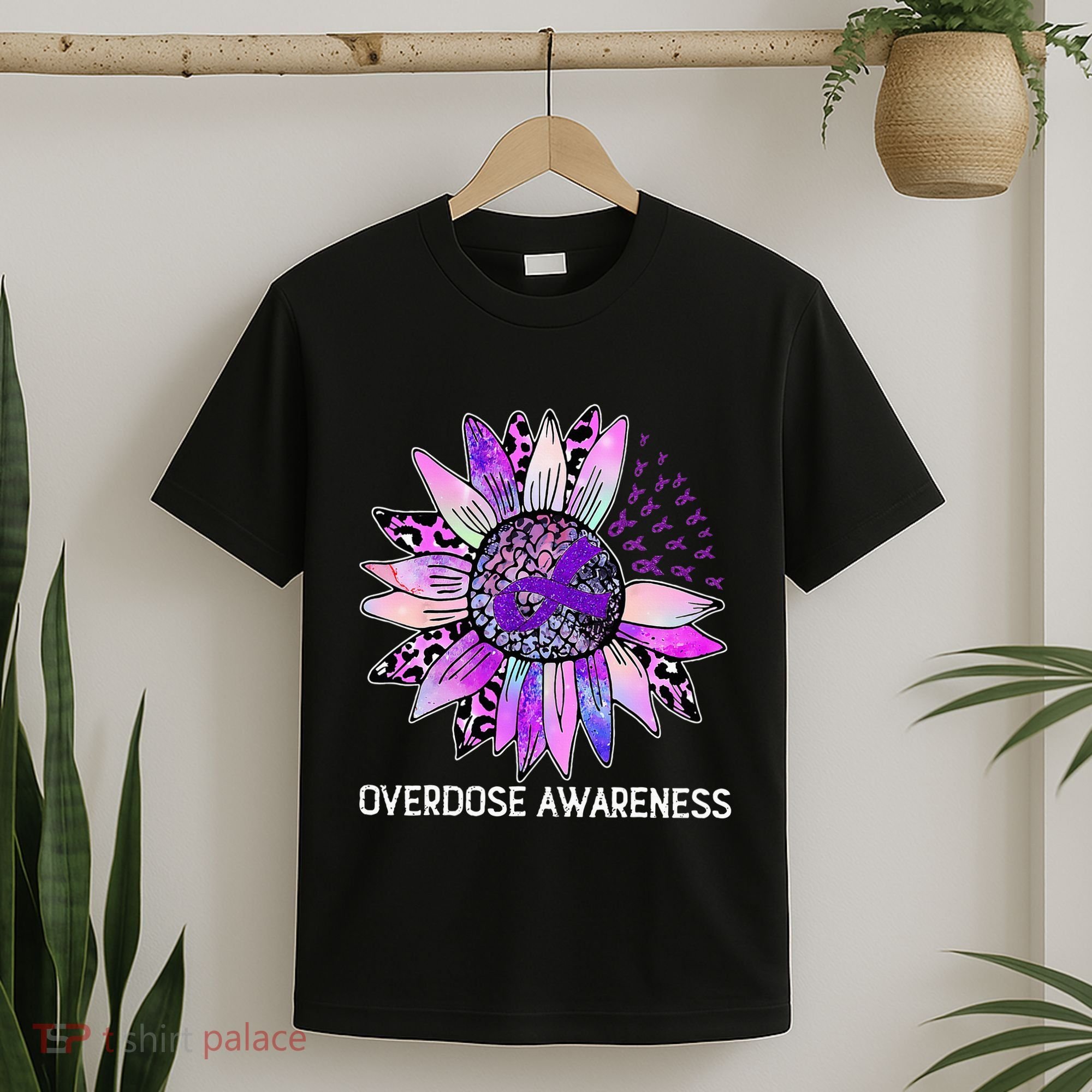Leopard Sunflower Overdose Awareness Month Purple Ribbon T-Shirt