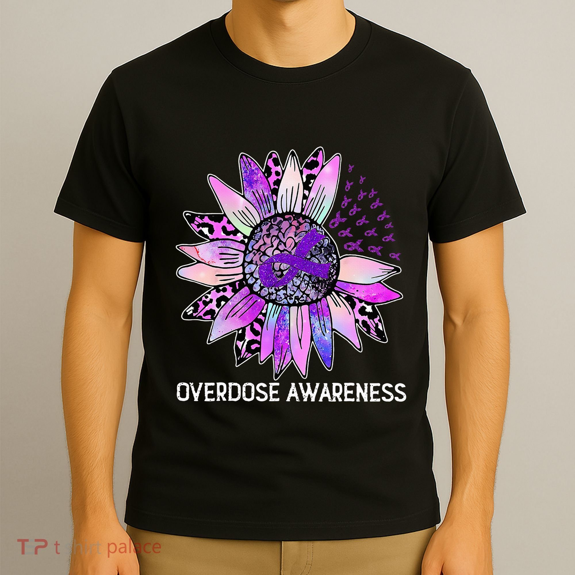 Leopard Sunflower Overdose Awareness Month Purple Ribbon T-Shirt