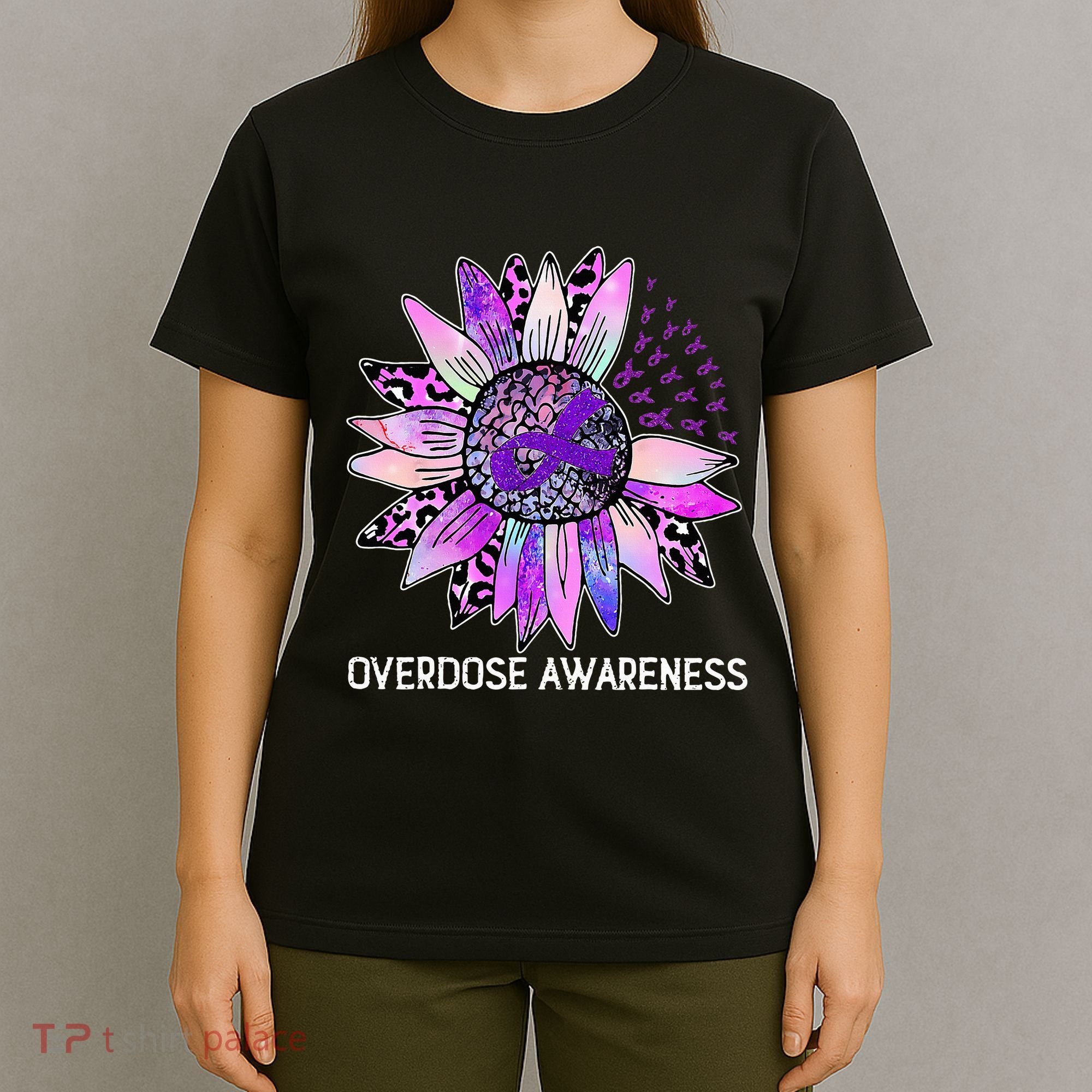 Leopard Sunflower Overdose Awareness Month Purple Ribbon T-Shirt