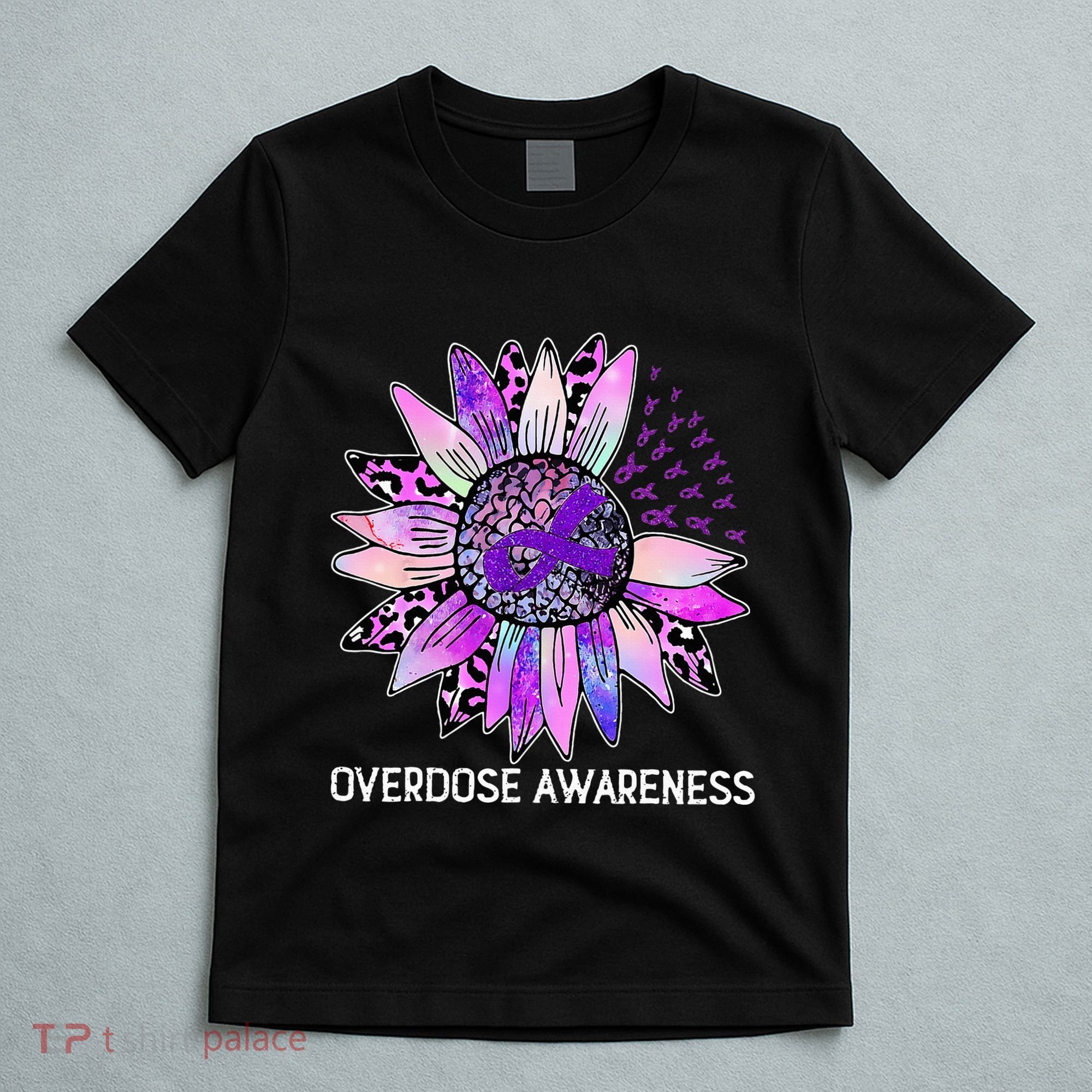 Leopard Sunflower Overdose Awareness Month Purple Ribbon T-Shirt