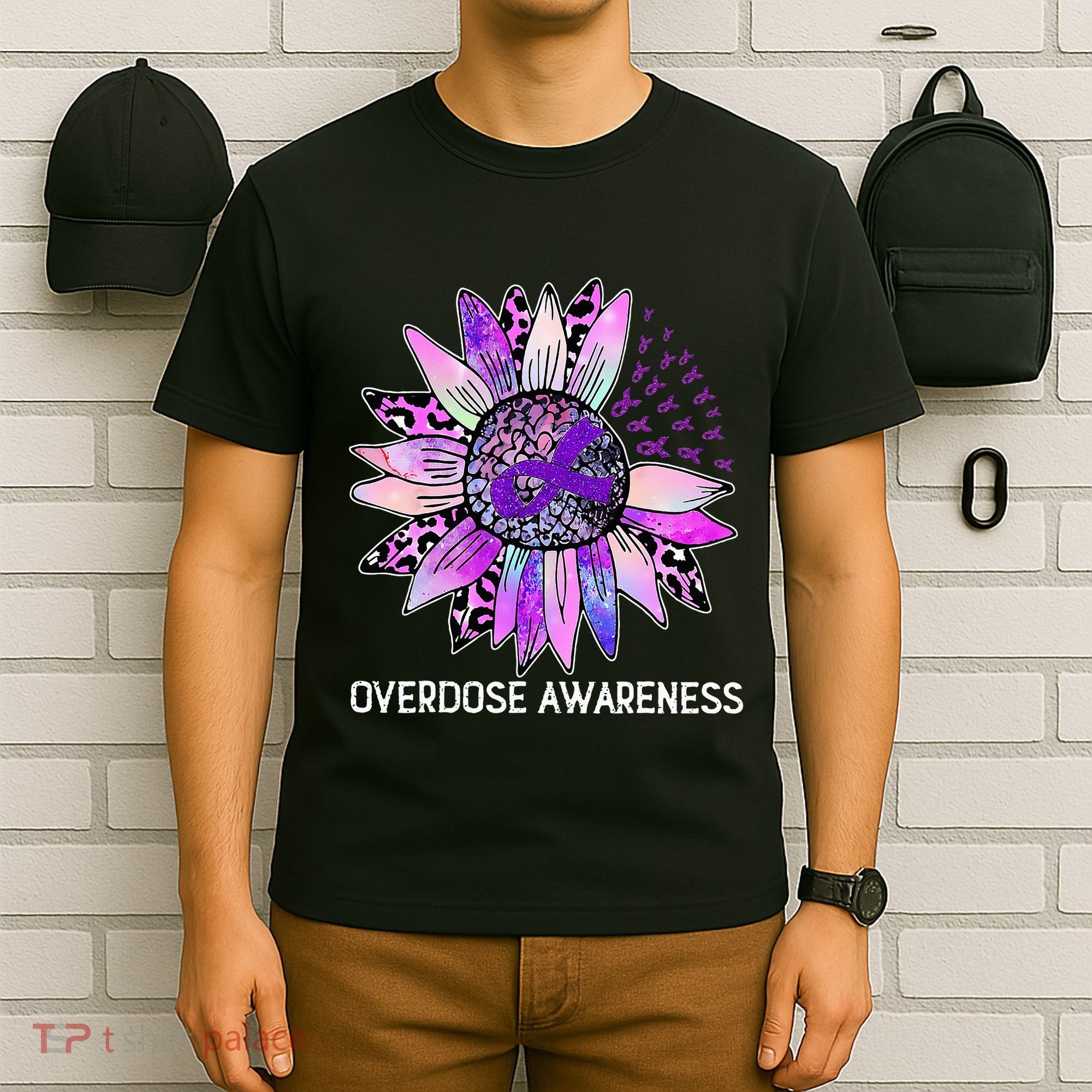 Leopard Sunflower Overdose Awareness Month Purple Ribbon T-Shirt