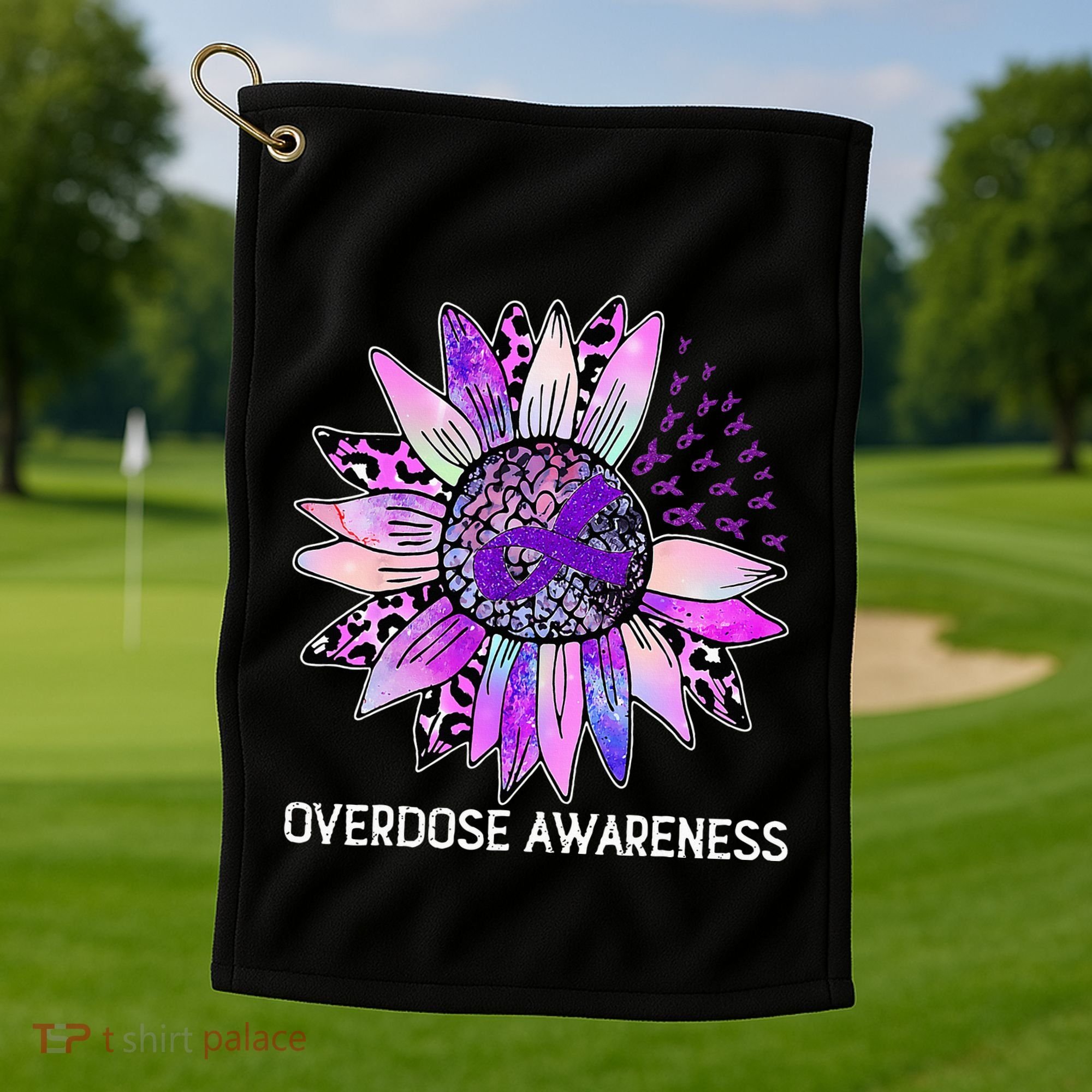 Leopard Sunflower Overdose Awareness Month Purple Ribbon Golf Towel