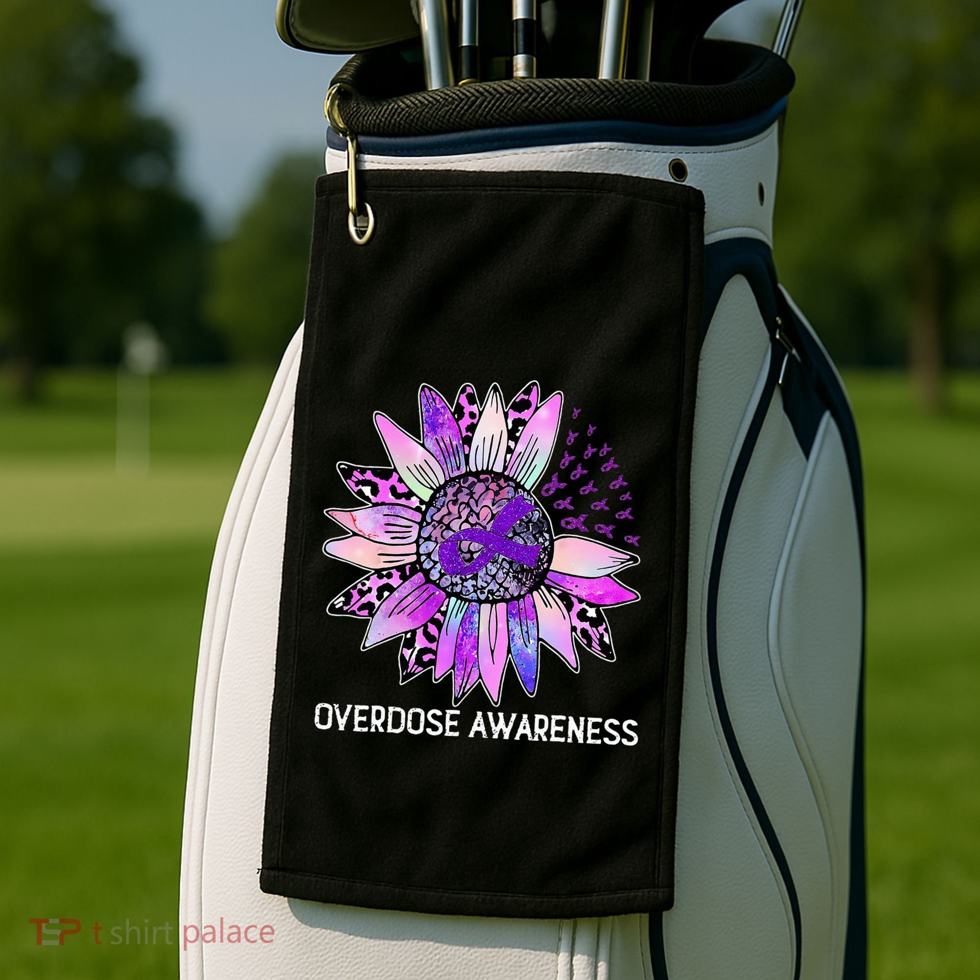 Leopard Sunflower Overdose Awareness Month Purple Ribbon Golf Towel