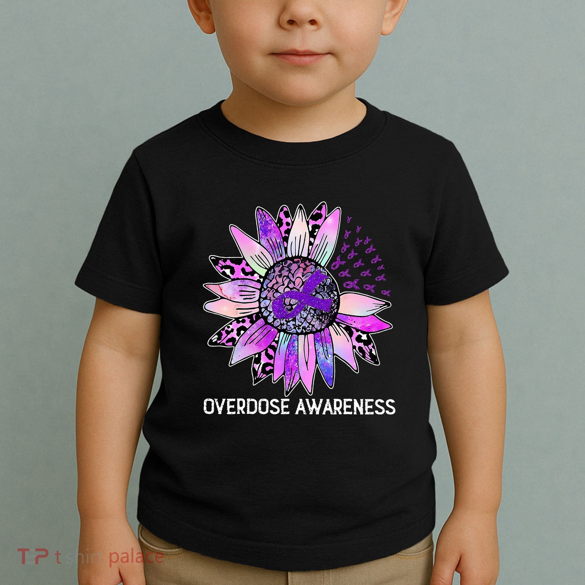 Leopard Sunflower Overdose Awareness Month Purple Ribbon Toddler T-Shirt