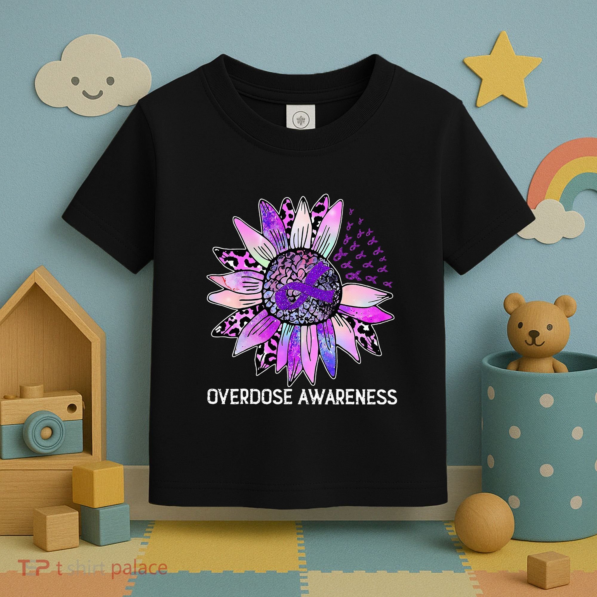 Leopard Sunflower Overdose Awareness Month Purple Ribbon Toddler T-Shirt