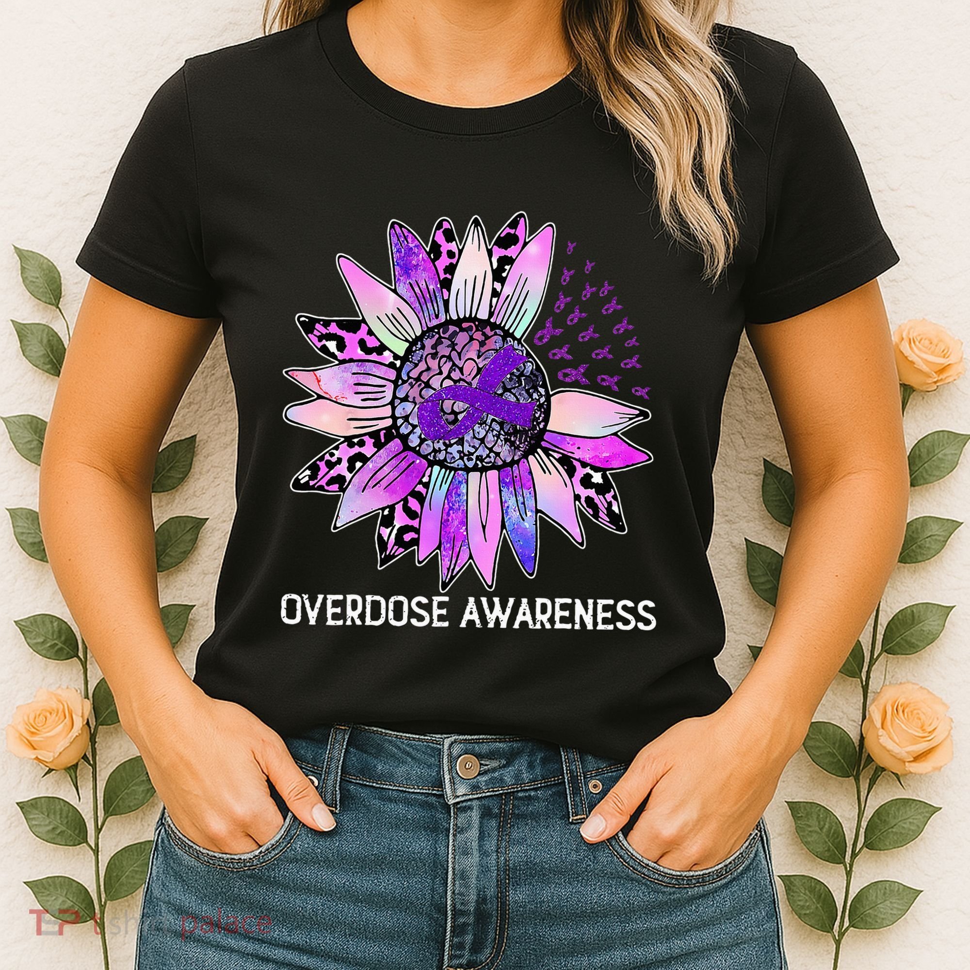 Leopard Sunflower Overdose Awareness Month Purple Ribbon Women's T-Shirt