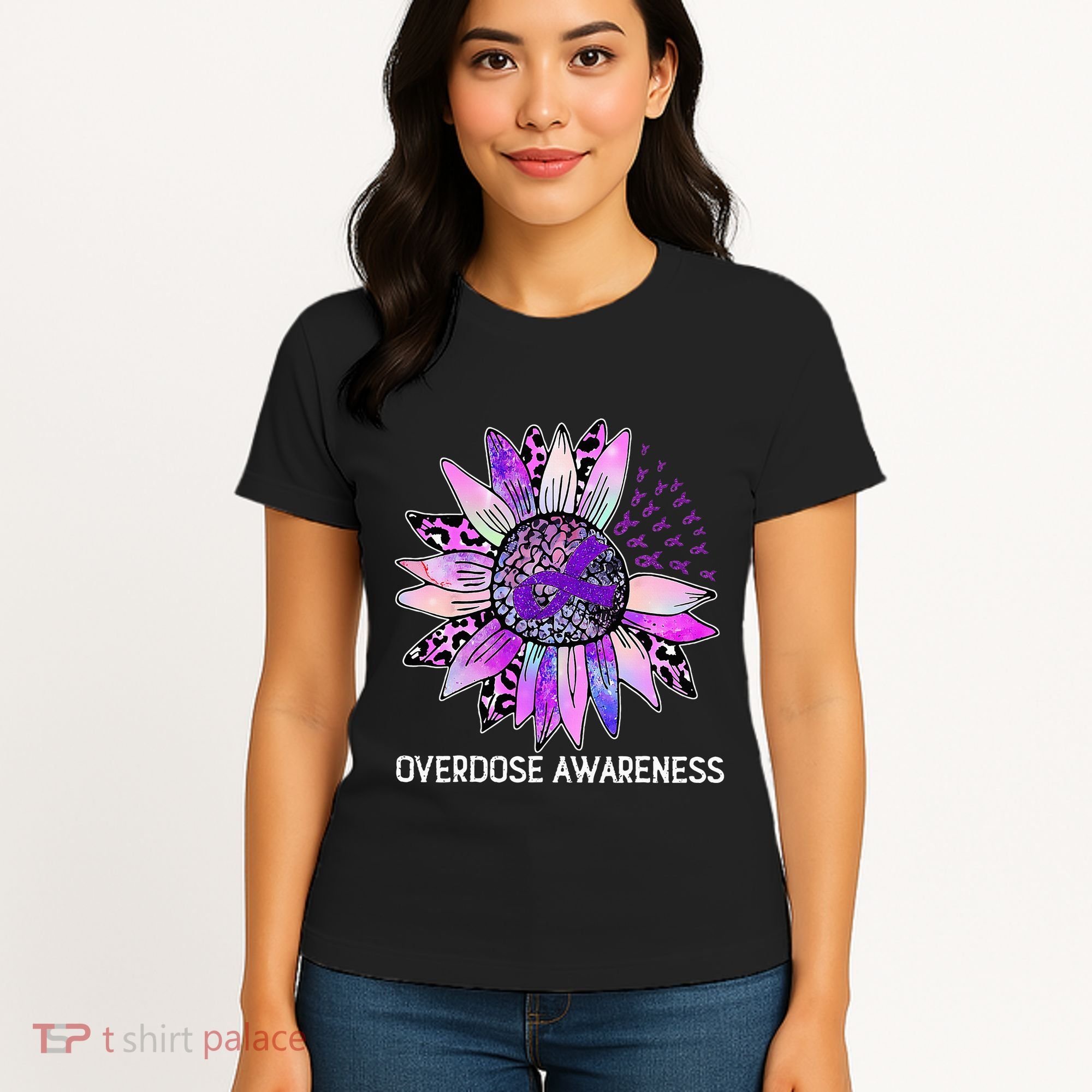 Leopard Sunflower Overdose Awareness Month Purple Ribbon Women's T-Shirt