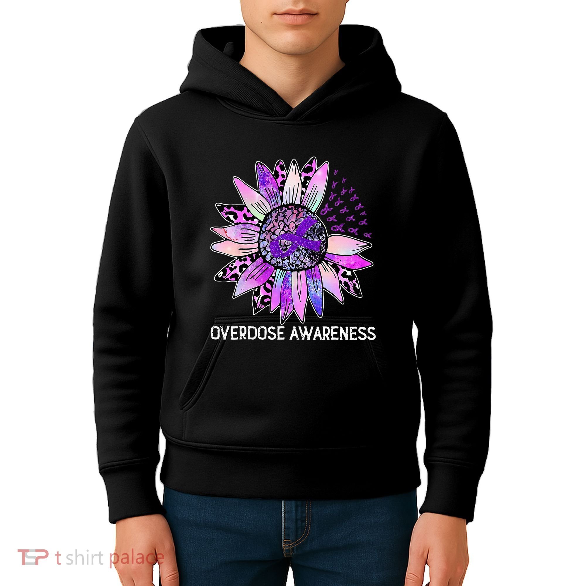Leopard Sunflower Overdose Awareness Month Purple Ribbon Kids Hoodie