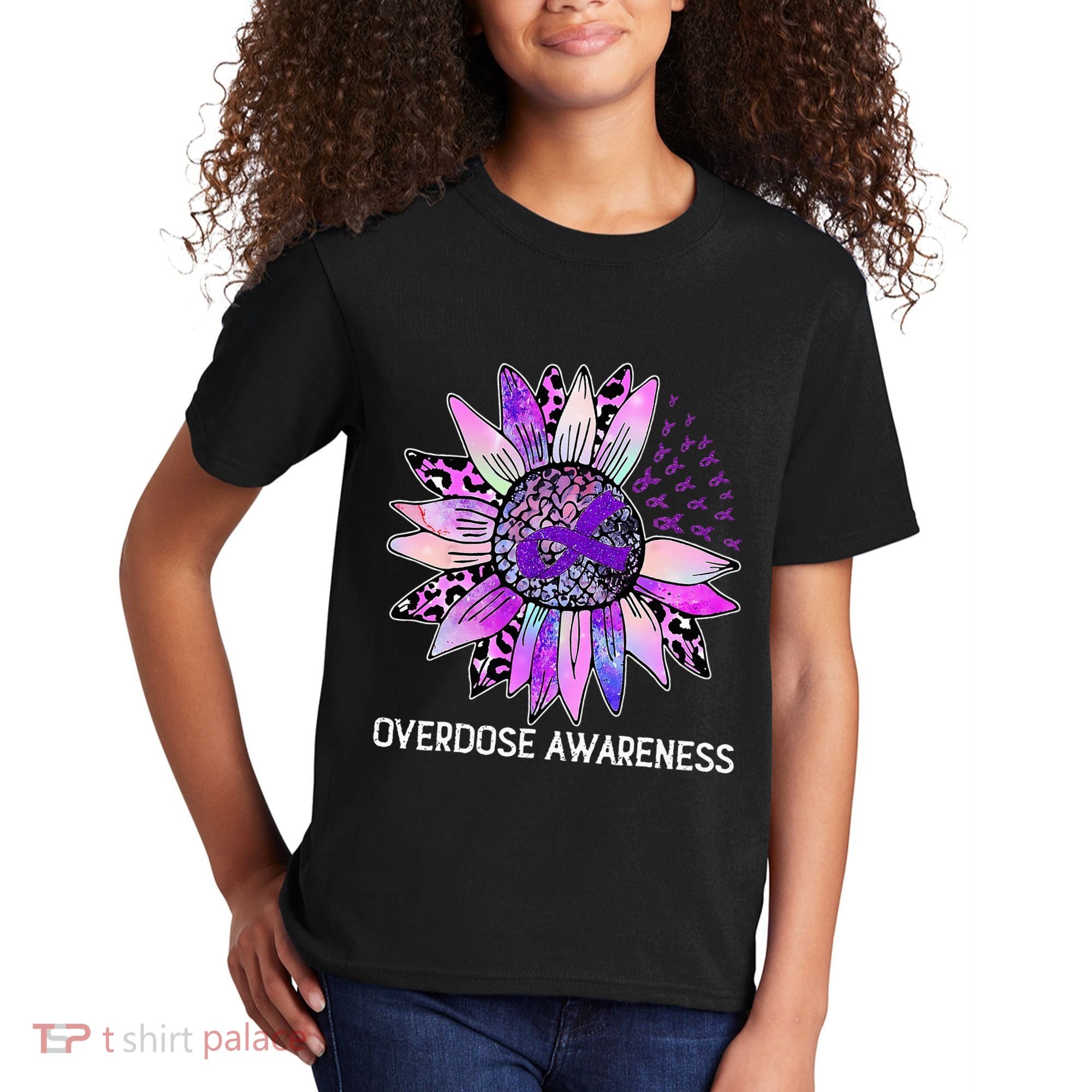 Leopard Sunflower Overdose Awareness Month Purple Ribbon Kids T-Shirt