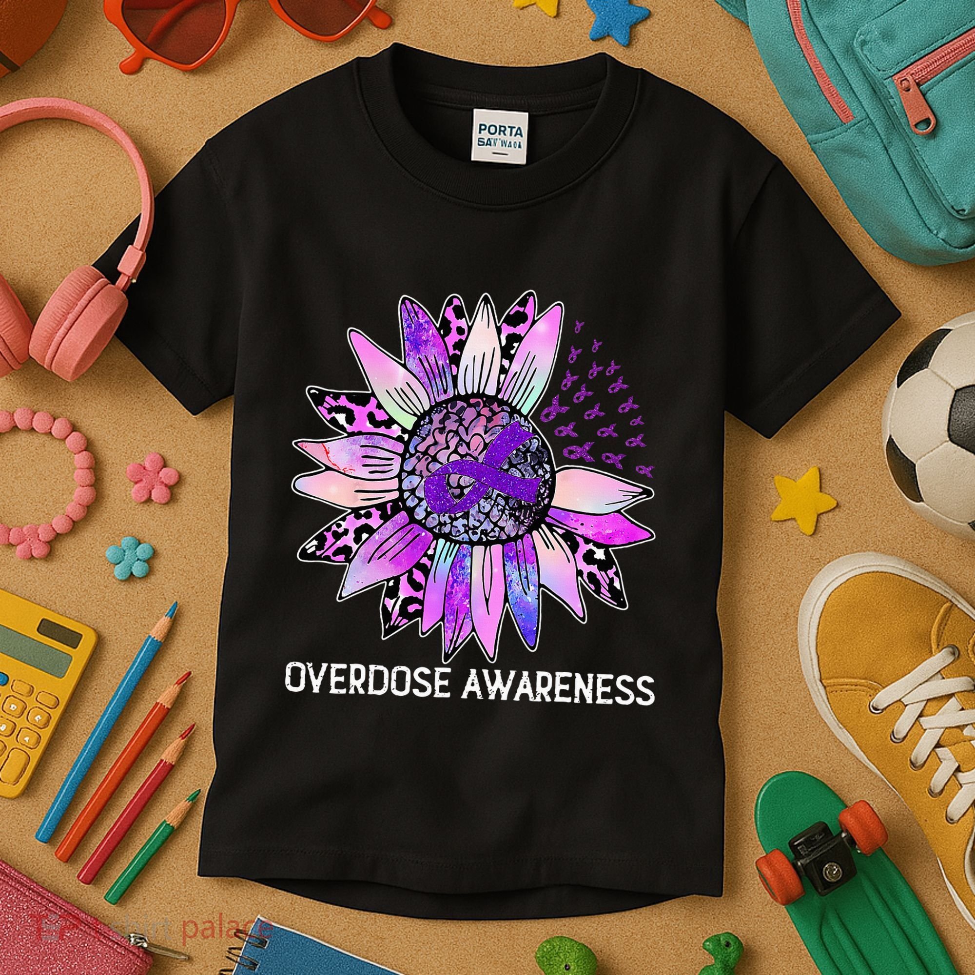 Leopard Sunflower Overdose Awareness Month Purple Ribbon Kids T-Shirt
