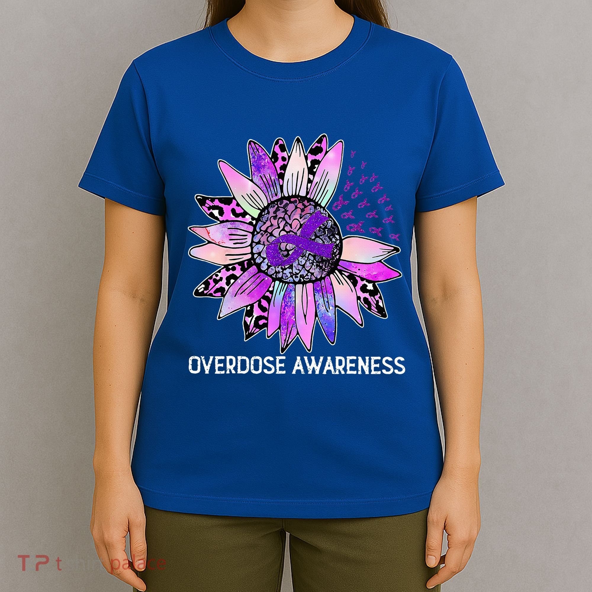Leopard Sunflower Overdose Awareness Month Purple Ribbon T-Shirt