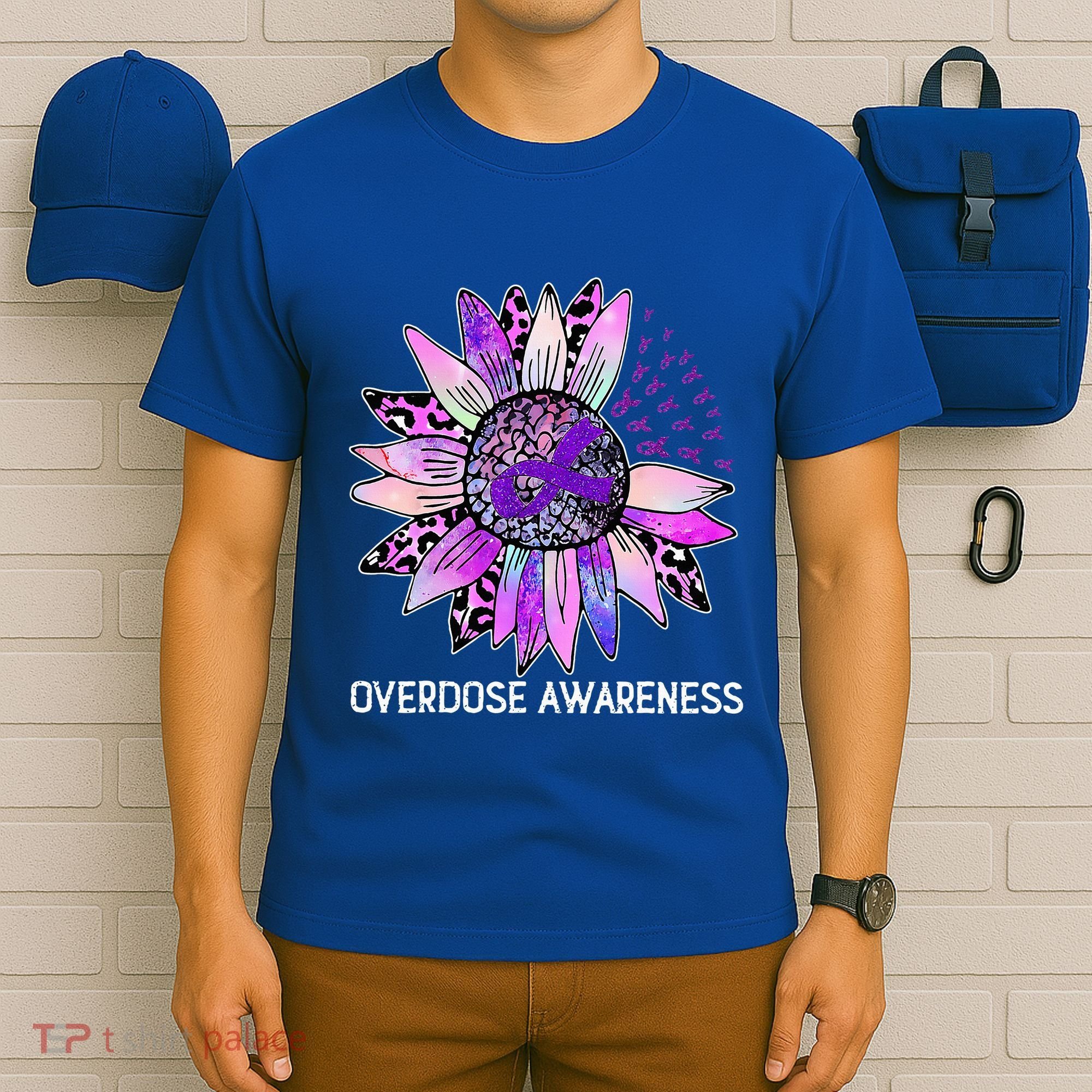 Leopard Sunflower Overdose Awareness Month Purple Ribbon T-Shirt