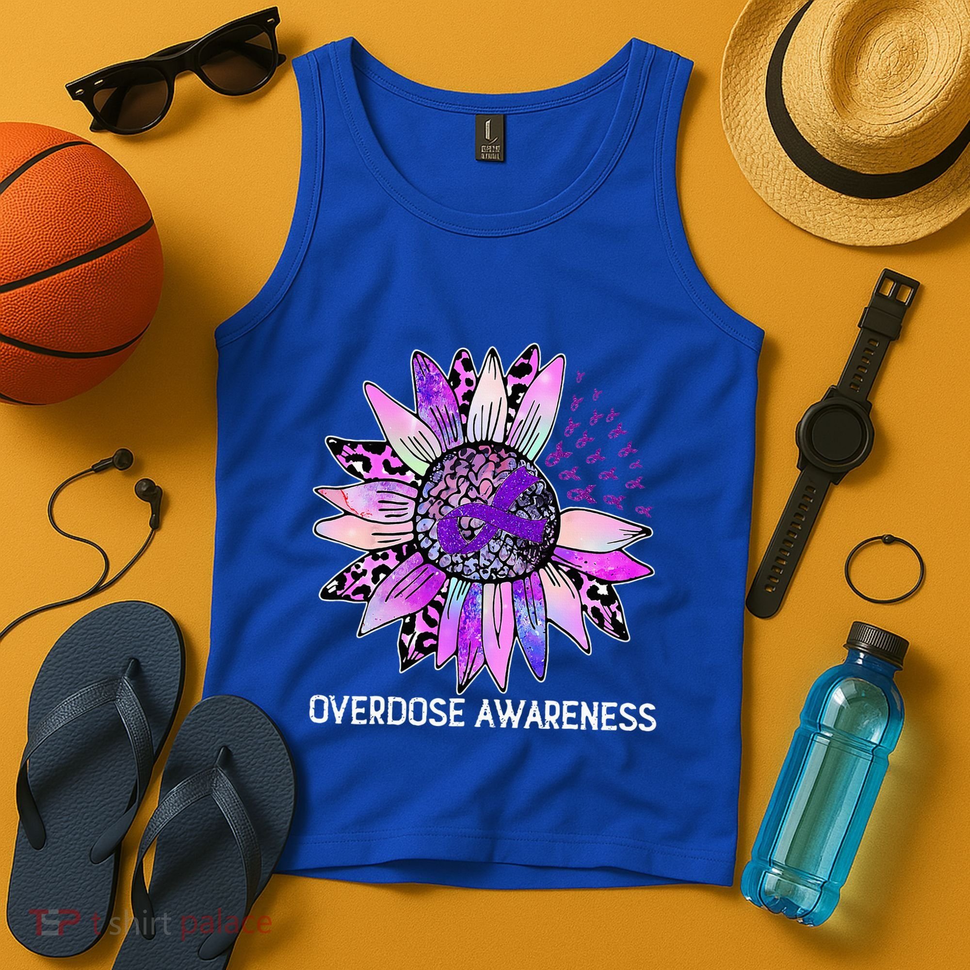 Leopard Sunflower Overdose Awareness Month Purple Ribbon Tank Top