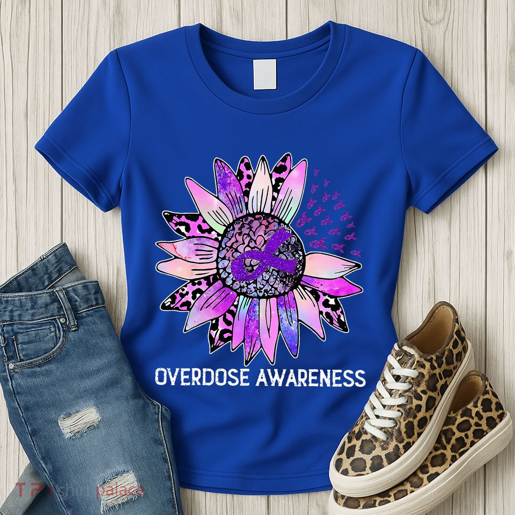 Leopard Sunflower Overdose Awareness Month Purple Ribbon Women's T-Shirt