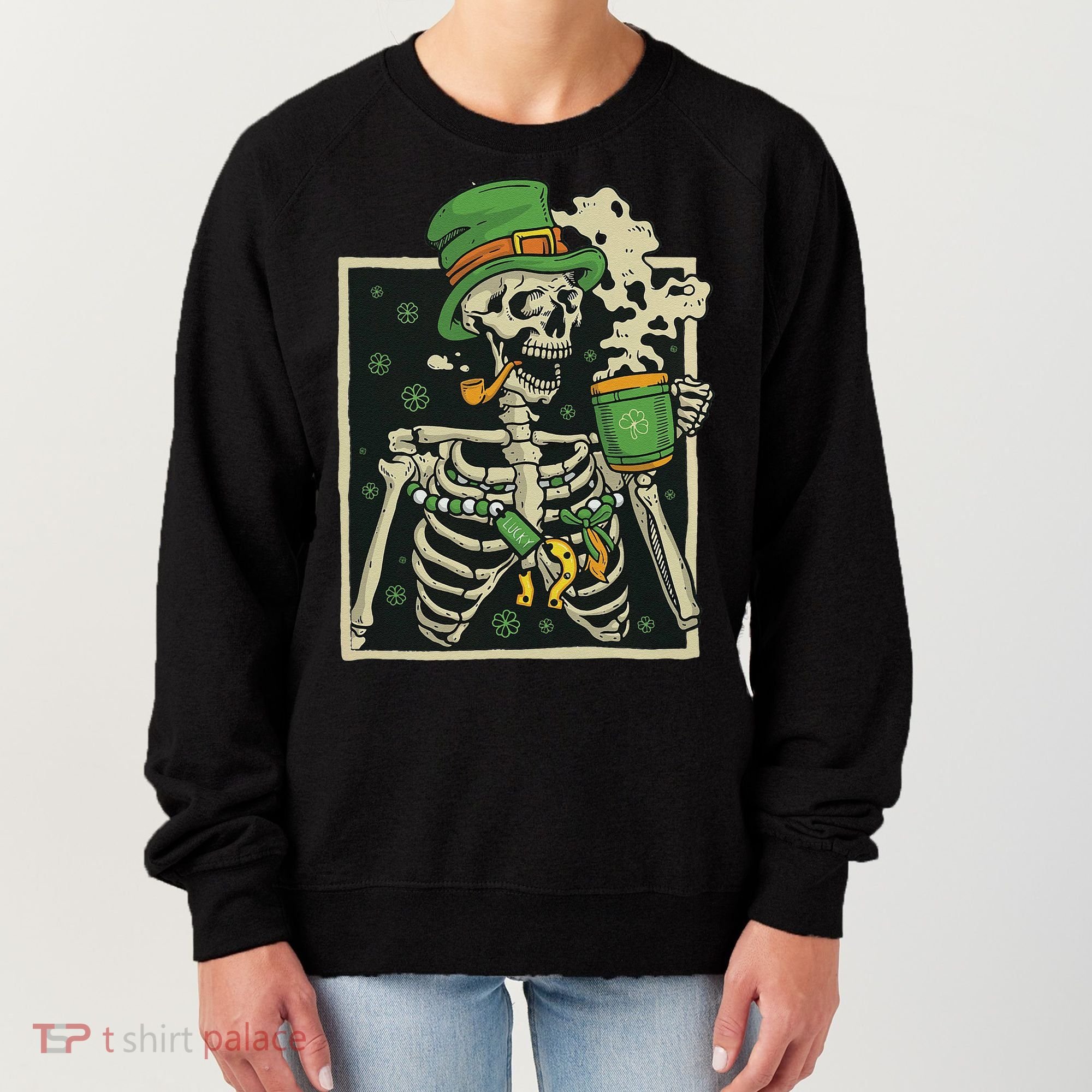 Lucky Saint Patrick's Day Skeleton Drinking Shamrock Coffee Women's Sweatshirt