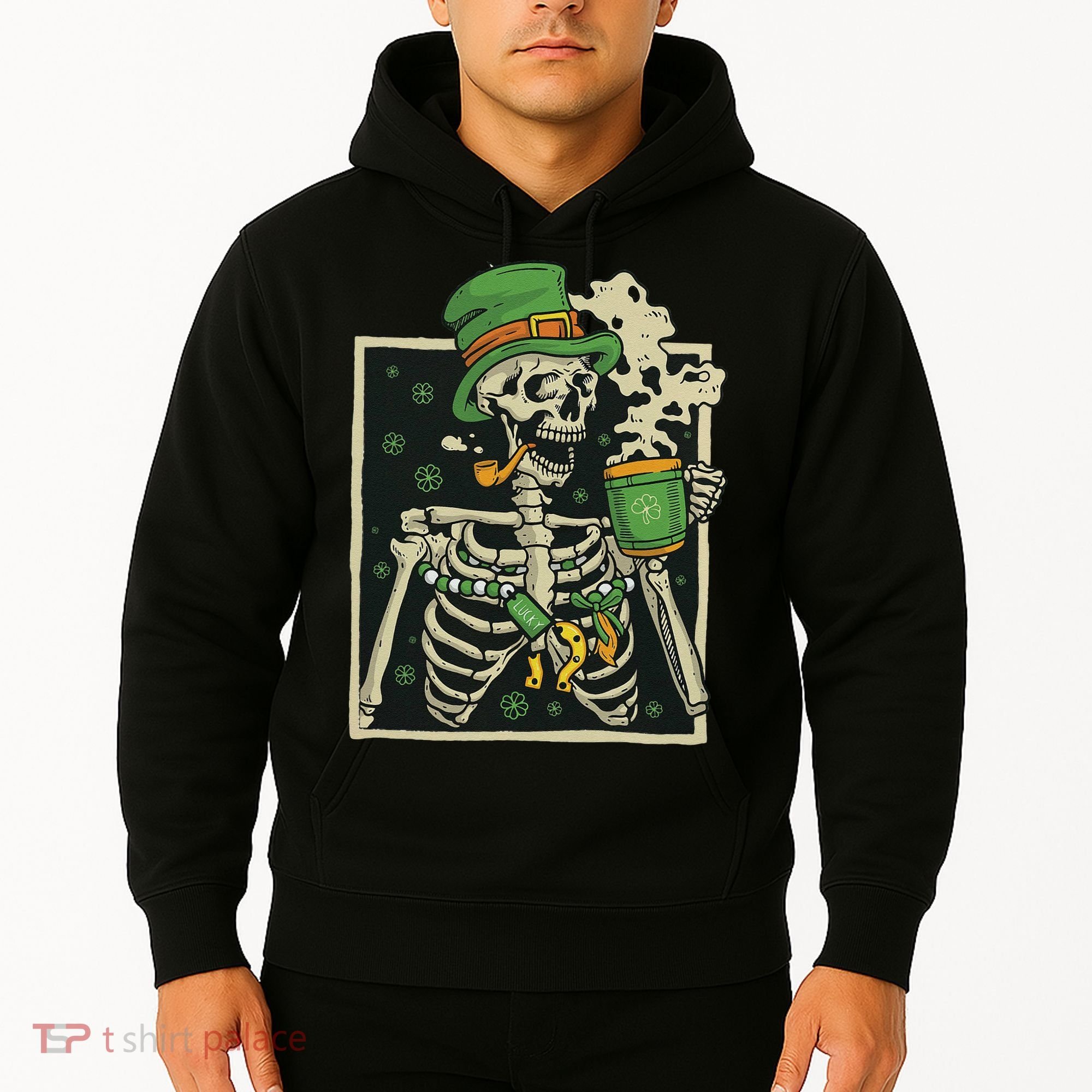 Lucky Saint Patrick's Day Skeleton Drinking Shamrock Coffee Hoodie