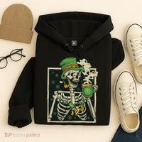 Lucky Saint Patrick's Day Skeleton Drinking Shamrock Coffee Hoodie thumb 4