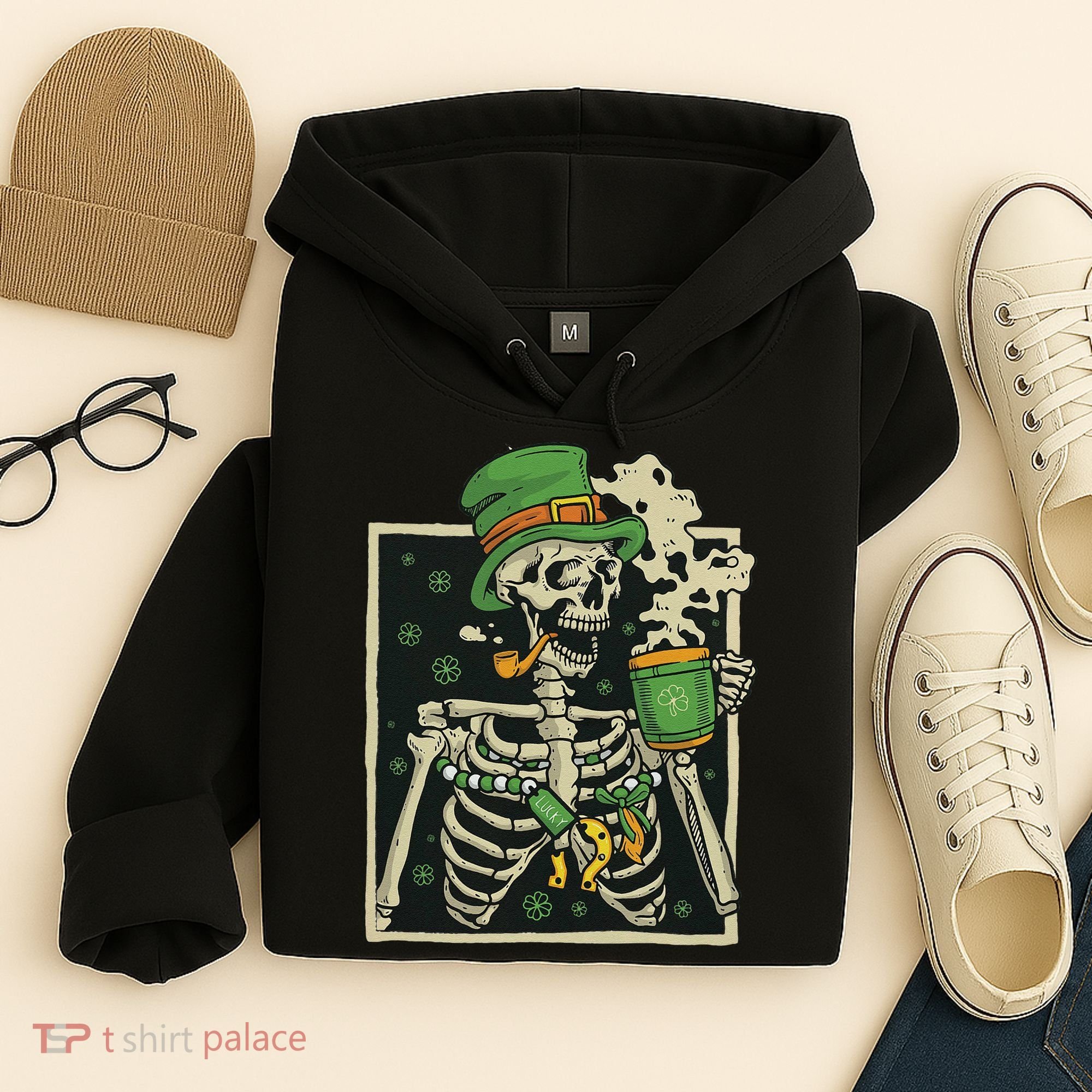 Lucky Saint Patrick's Day Skeleton Drinking Shamrock Coffee Hoodie
