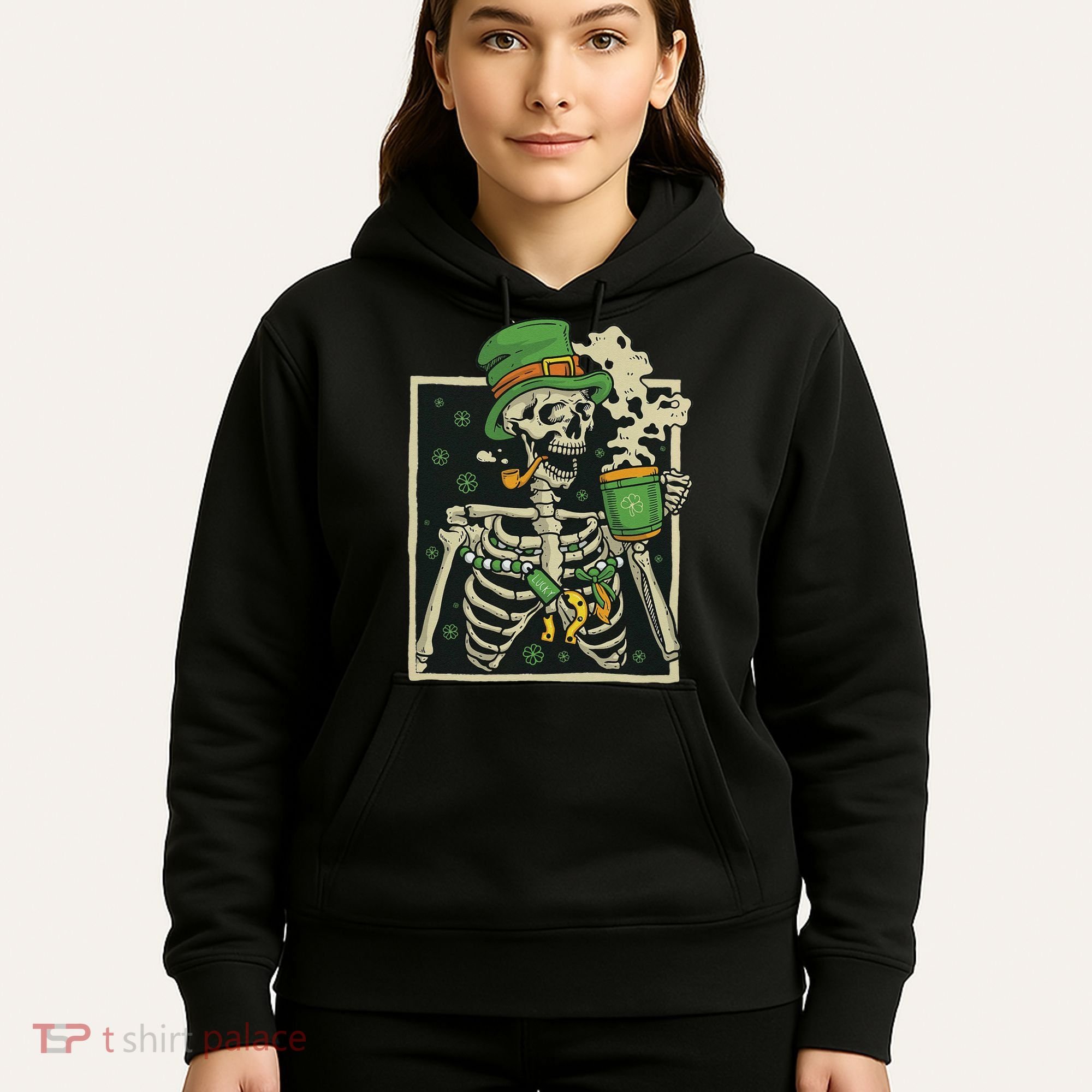 Lucky Saint Patrick's Day Skeleton Drinking Shamrock Coffee Hoodie