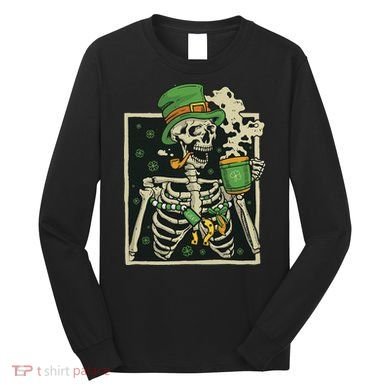 Lucky Saint Patrick's Day Skeleton Drinking Shamrock Coffee Long Sleeve Shirt