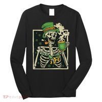 Lucky Saint Patrick's Day Skeleton Drinking Shamrock Coffee Long Sleeve Shirt thumb 0
