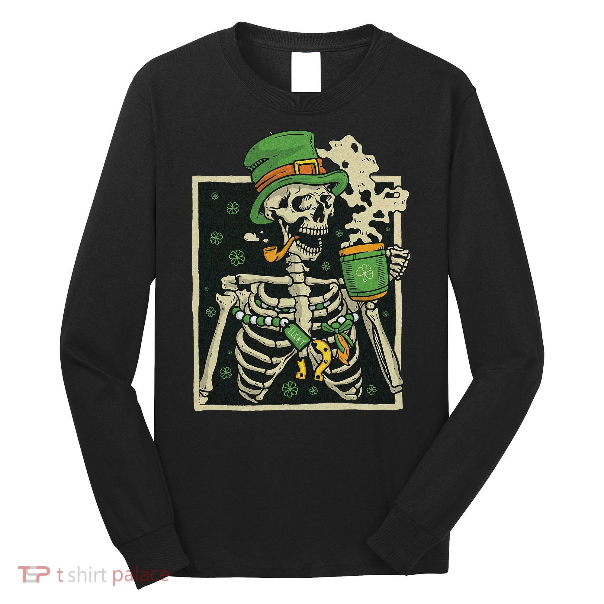 Lucky Saint Patrick's Day Skeleton Drinking Shamrock Coffee Long Sleeve Shirt