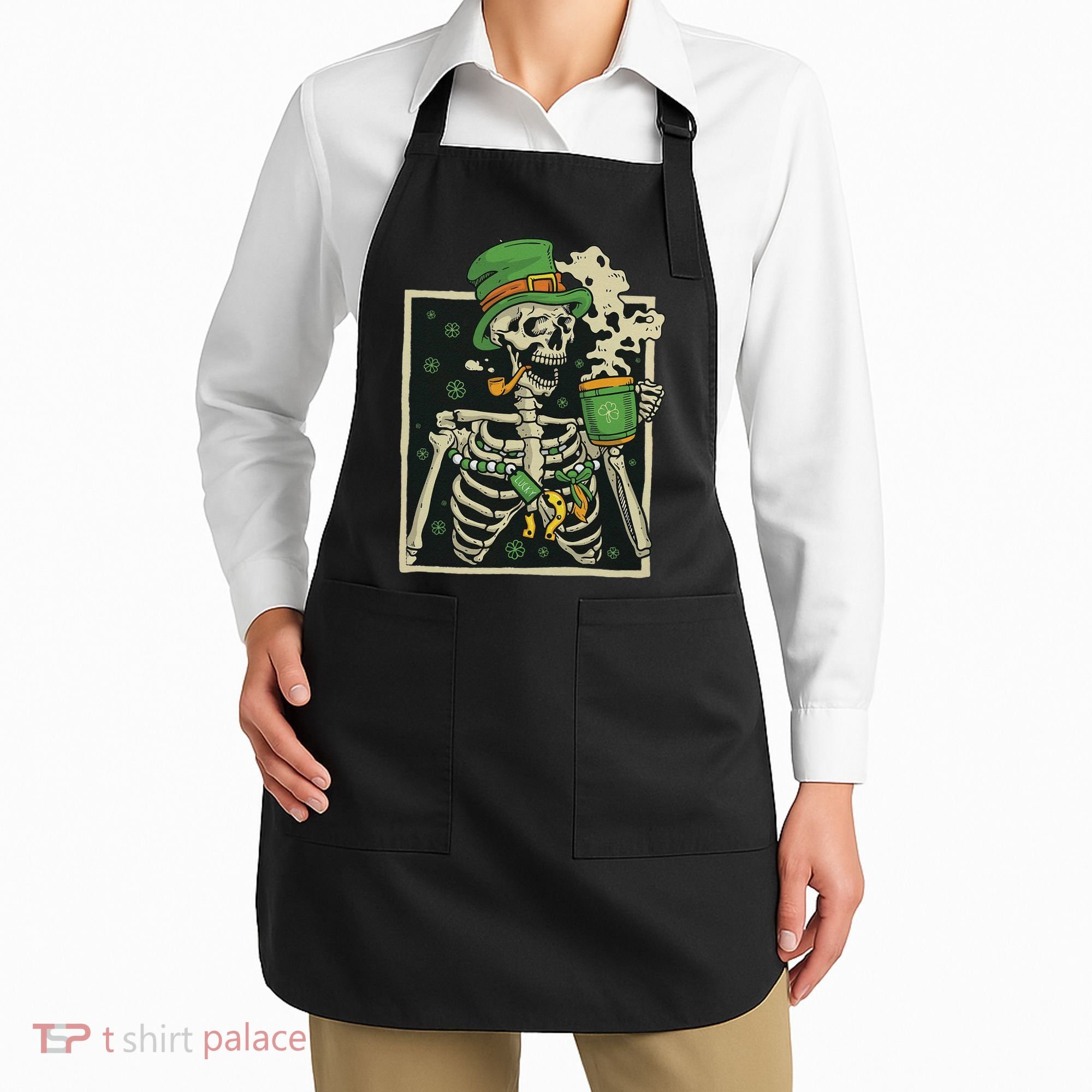 Lucky Saint Patrick's Day Skeleton Drinking Shamrock Coffee Apron
