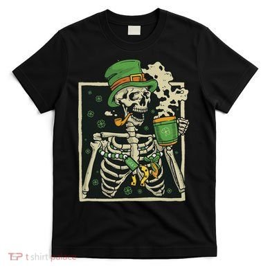 Lucky Saint Patrick's Day Skeleton Drinking Shamrock Coffee T-Shirt