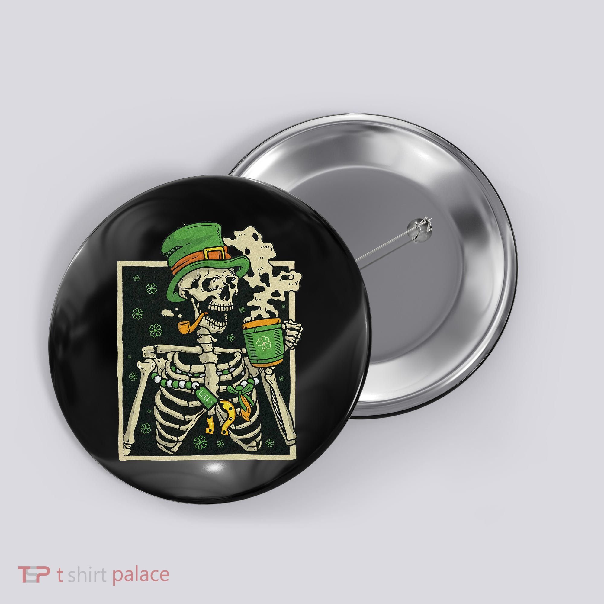 Lucky Saint Patrick's Day Skeleton Drinking Shamrock Coffee Button
