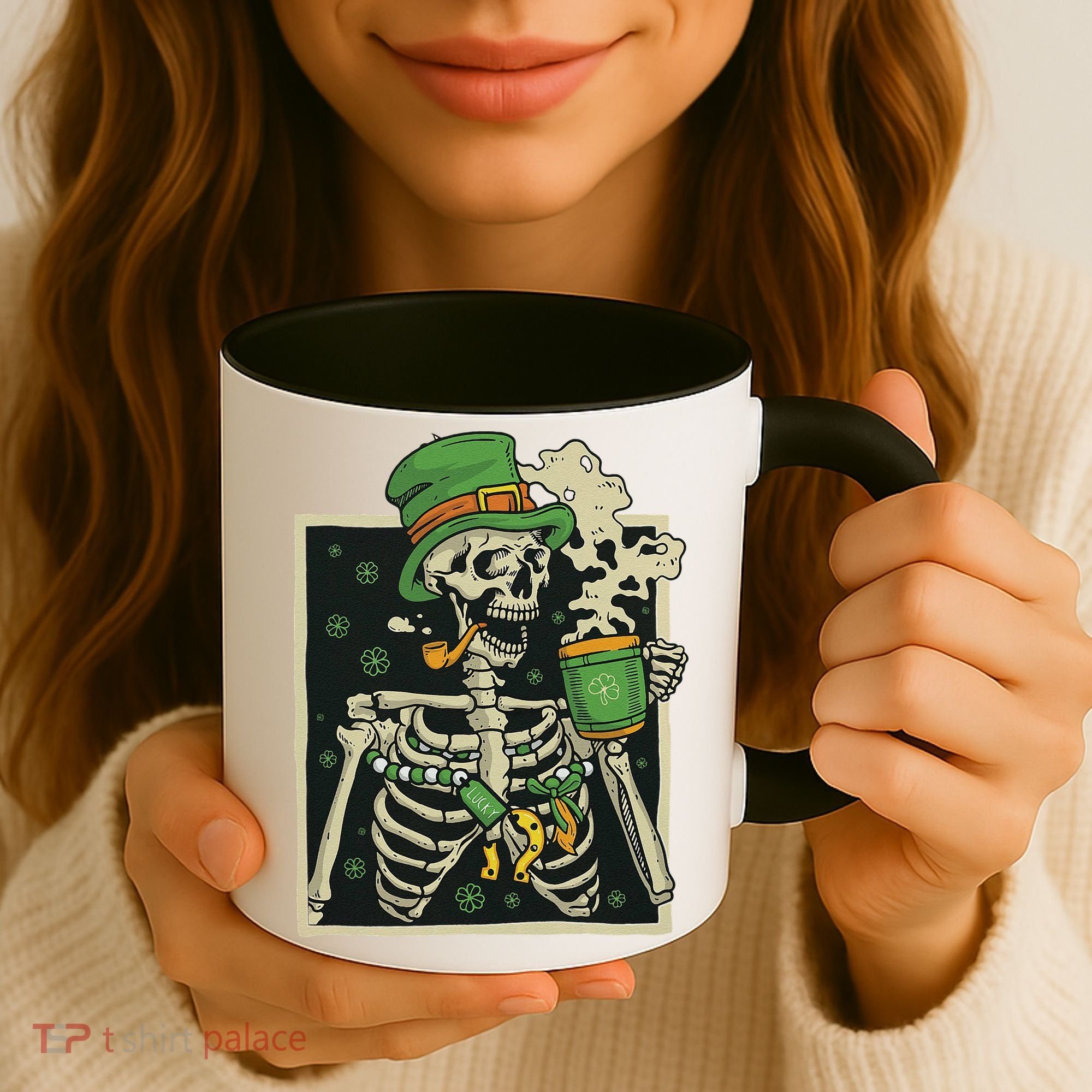 Lucky Saint Patrick's Day Skeleton Drinking Shamrock Coffee Coffee Mug