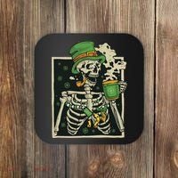 Lucky Saint Patrick's Day Skeleton Drinking Shamrock Coffee Coaster thumb 0