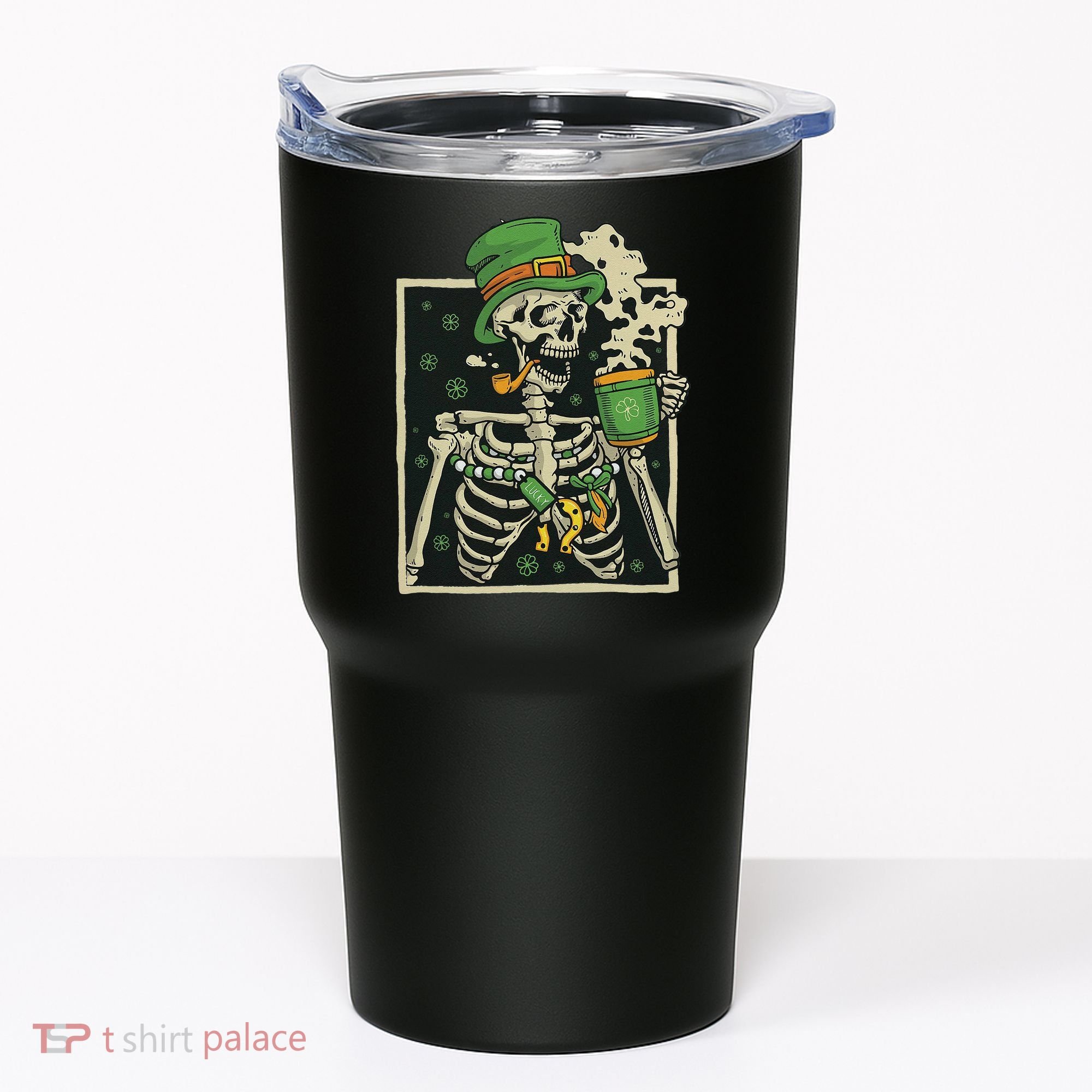 Lucky Saint Patrick's Day Skeleton Drinking Shamrock Coffee Tumbler