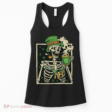 Lucky Saint Patrick's Day Skeleton Drinking Shamrock Coffee Women's Tank Top