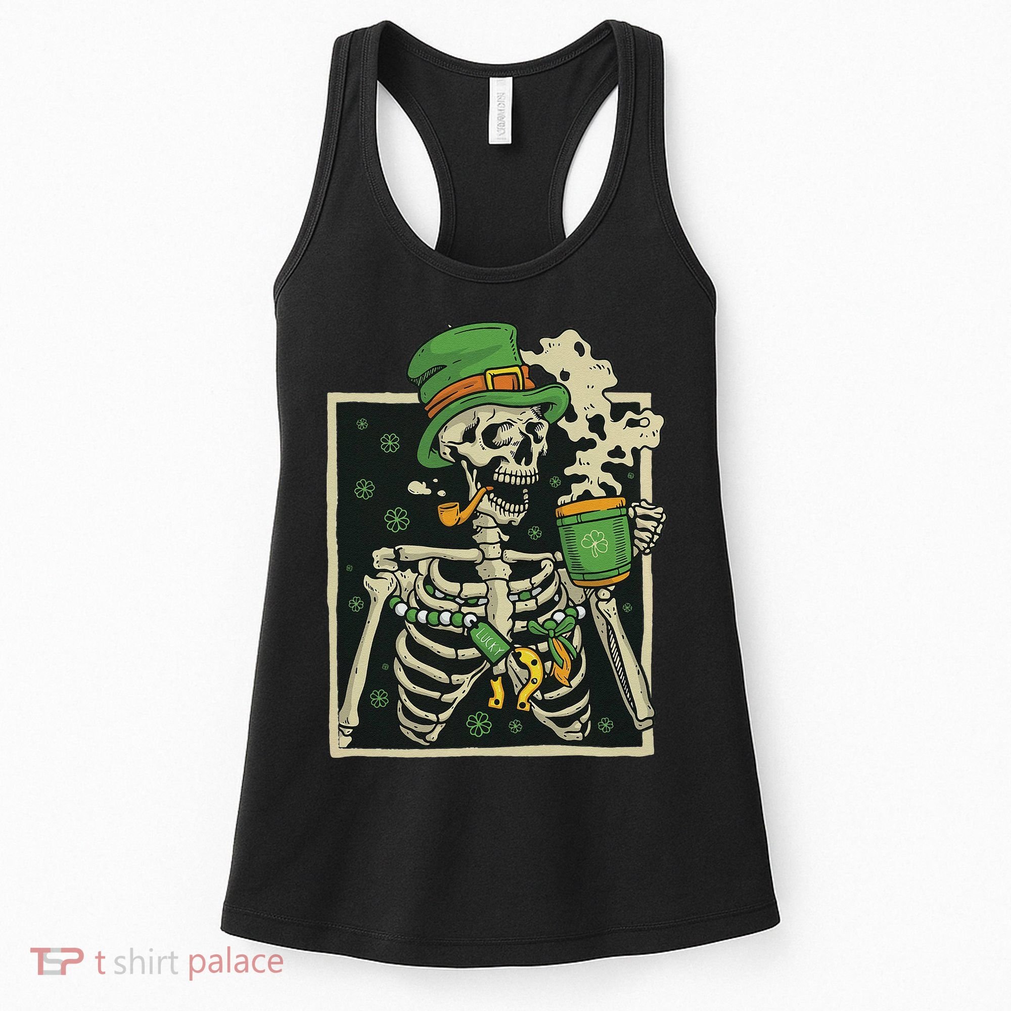 Lucky Saint Patrick's Day Skeleton Drinking Shamrock Coffee Women's Tank Top