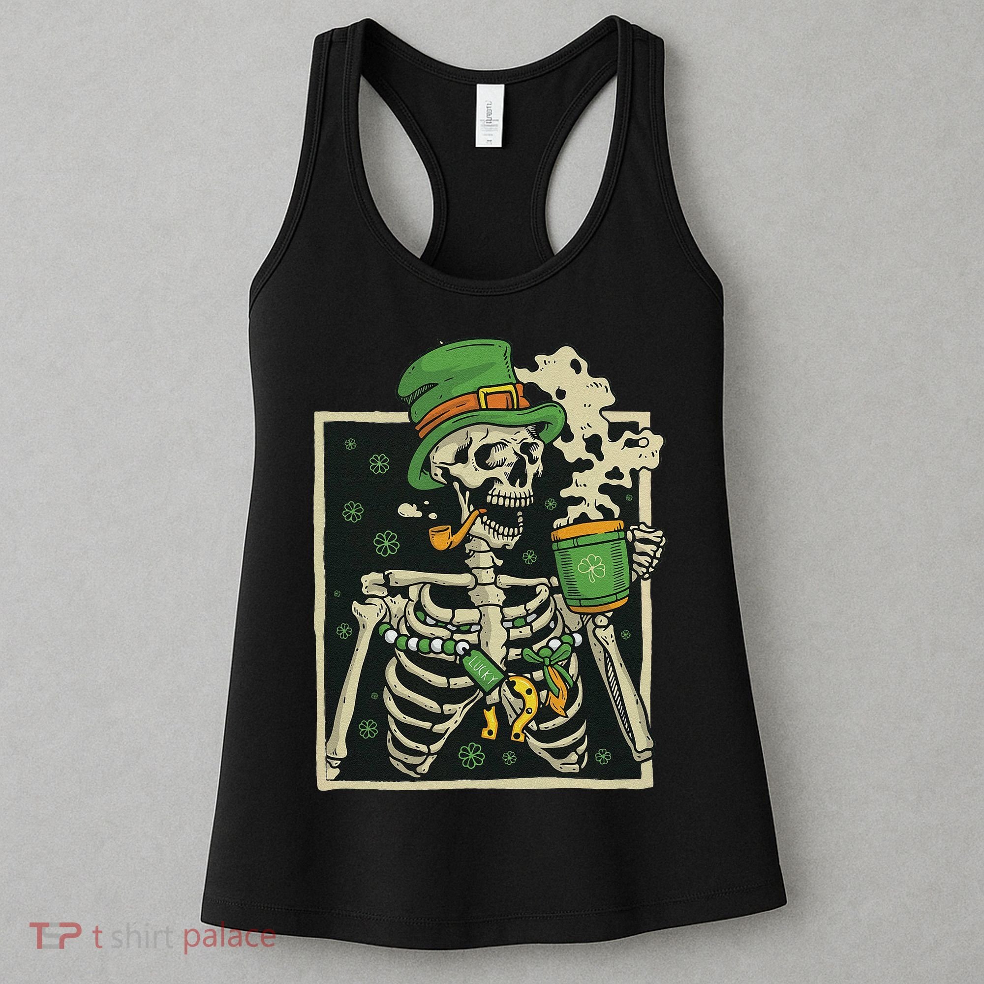 Lucky Saint Patrick's Day Skeleton Drinking Shamrock Coffee Women's Tank Top