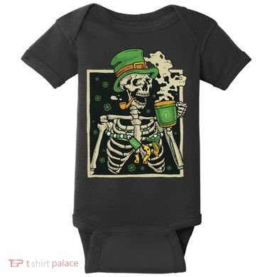 Lucky Saint Patrick's Day Skeleton Drinking Shamrock Coffee Baby Bodysuit