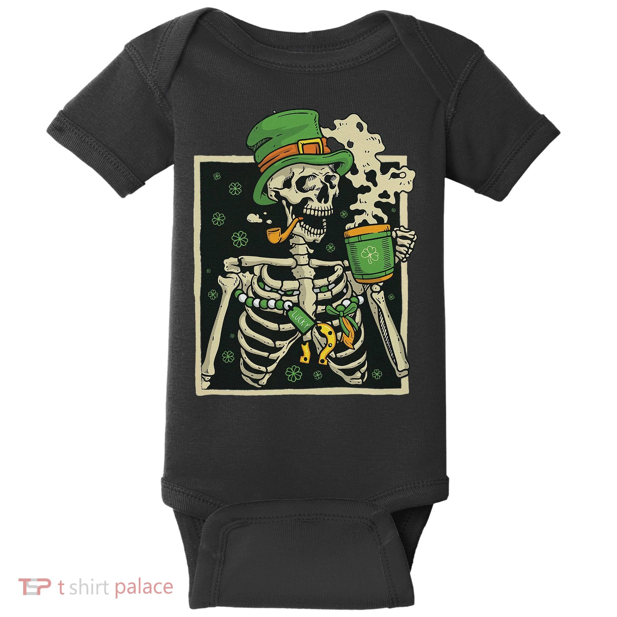 Lucky Saint Patrick's Day Skeleton Drinking Shamrock Coffee Baby Bodysuit