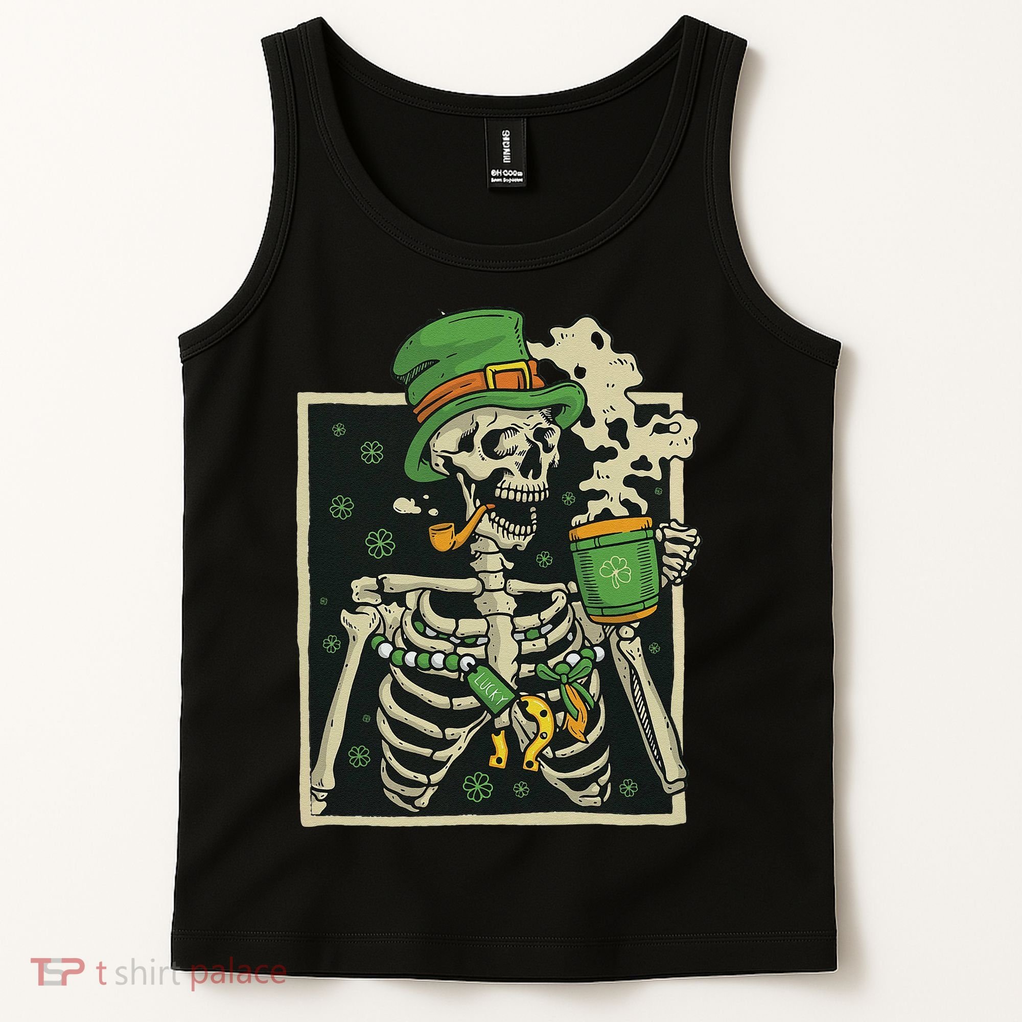Lucky Saint Patrick's Day Skeleton Drinking Shamrock Coffee Tank Top