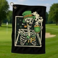 Lucky Saint Patrick's Day Skeleton Drinking Shamrock Coffee Golf Towel thumb 1