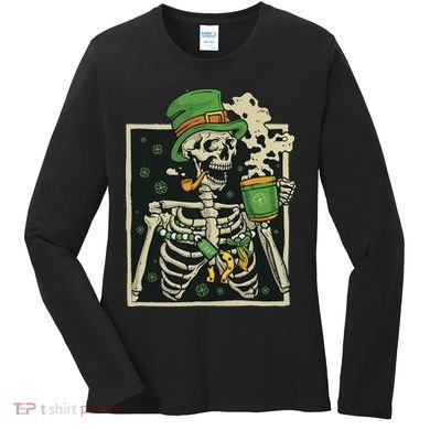 Lucky Saint Patrick's Day Skeleton Drinking Shamrock Coffee Women's Long Sleeve Shirt