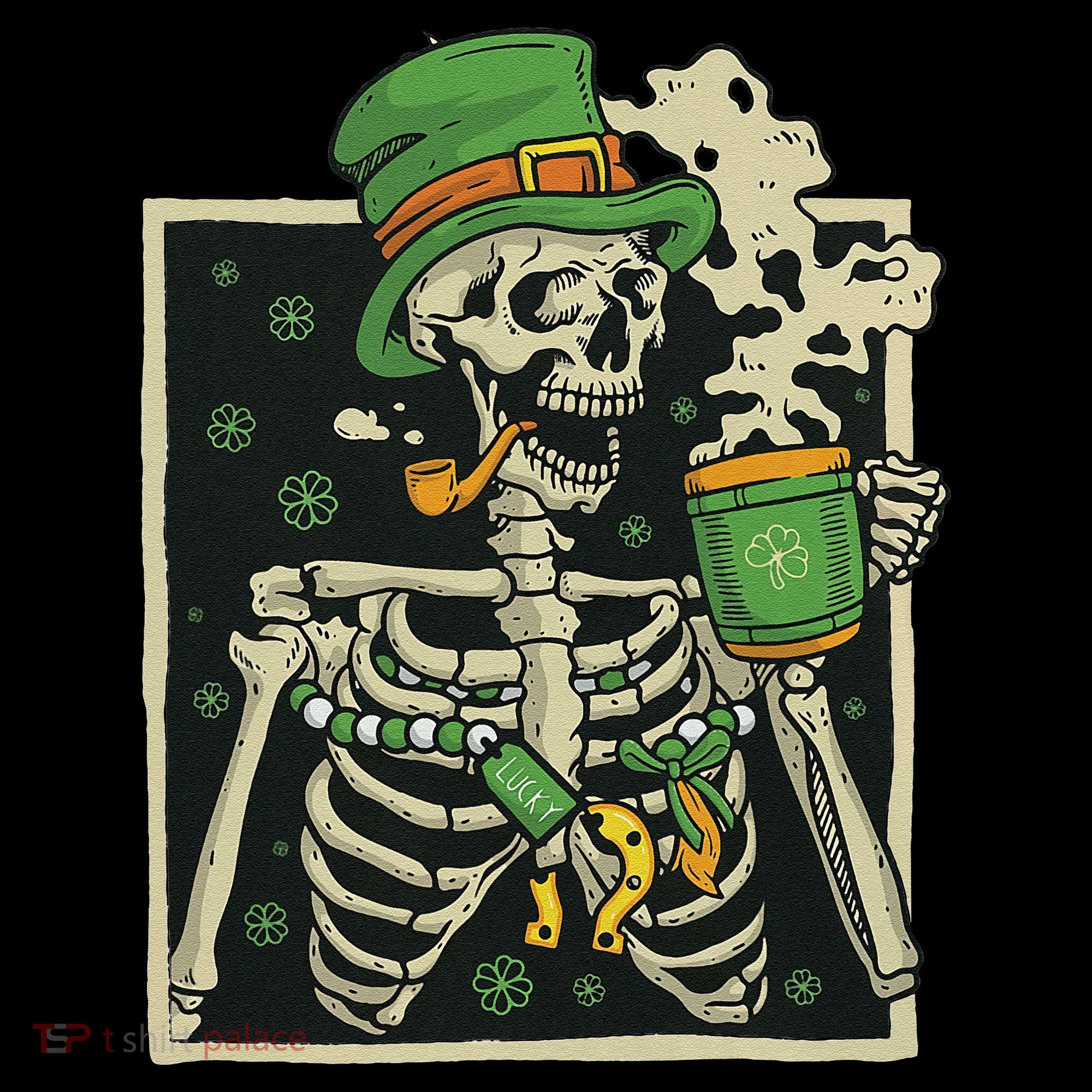 Lucky Saint Patrick's Day Skeleton Drinking Shamrock Coffee Women's Long Sleeve Shirt