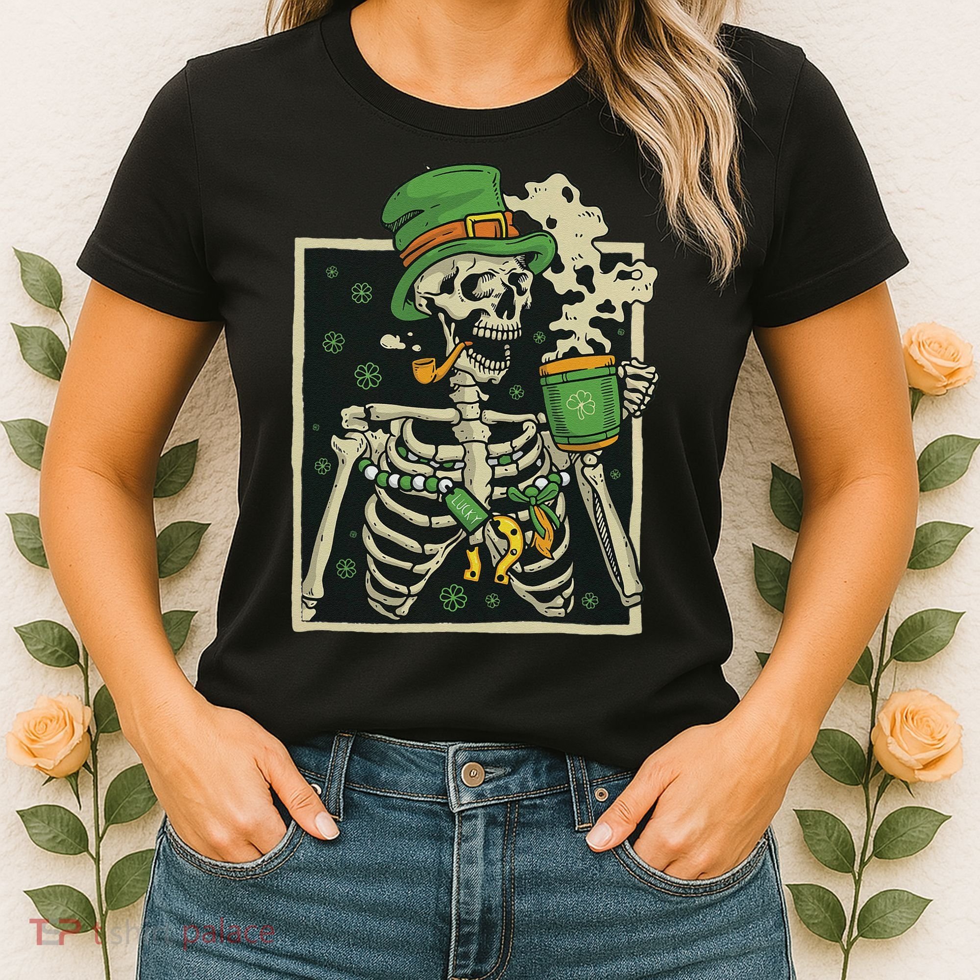 Lucky Saint Patrick's Day Skeleton Drinking Shamrock Coffee Women's T-Shirt