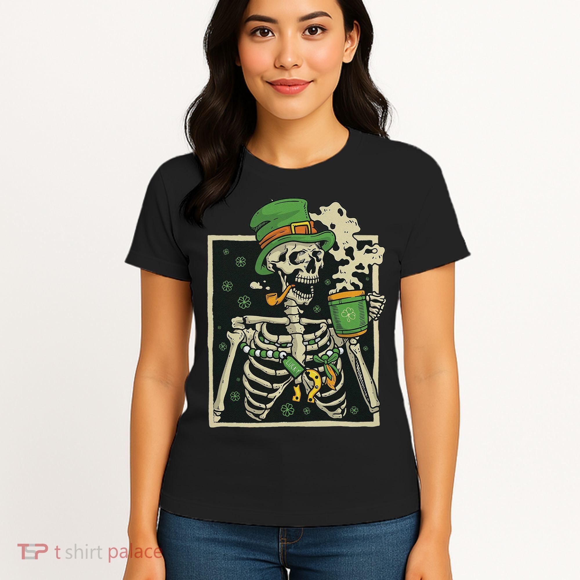 Lucky Saint Patrick's Day Skeleton Drinking Shamrock Coffee Women's T-Shirt