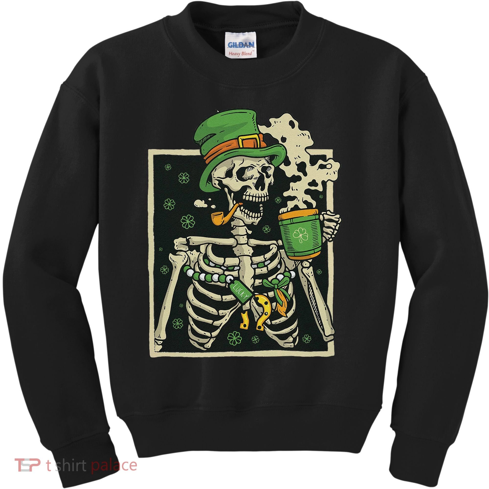 Lucky Saint Patrick's Day Skeleton Drinking Shamrock Coffee Kids Sweatshirt