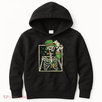 Lucky Saint Patrick's Day Skeleton Drinking Shamrock Coffee Kids Hoodie