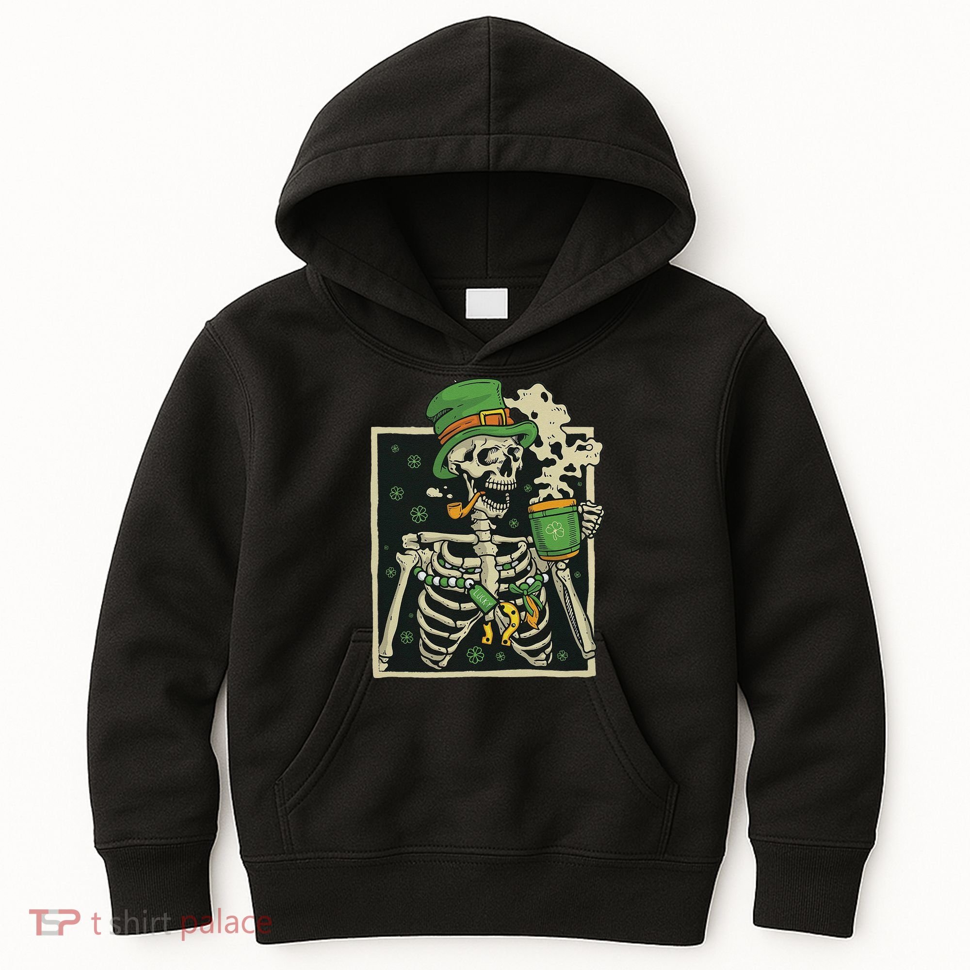 Lucky Saint Patrick's Day Skeleton Drinking Shamrock Coffee Kids Hoodie
