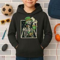 Lucky Saint Patrick's Day Skeleton Drinking Shamrock Coffee Kids Hoodie thumb 2