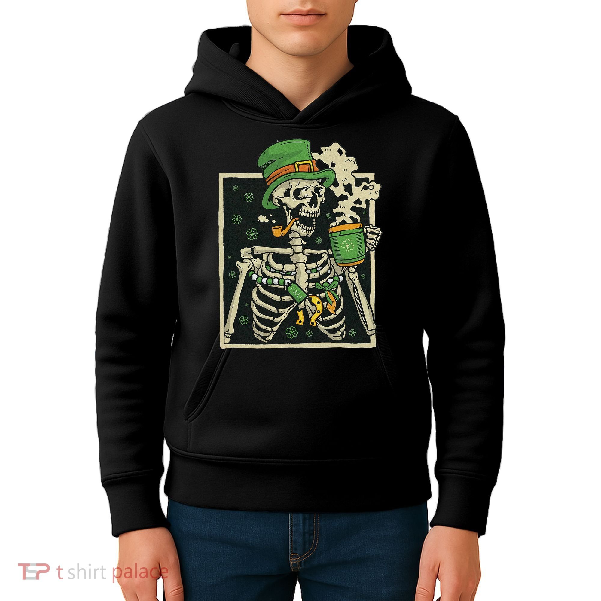Lucky Saint Patrick's Day Skeleton Drinking Shamrock Coffee Kids Hoodie