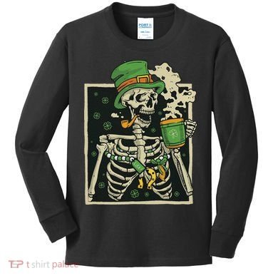 Lucky Saint Patrick's Day Skeleton Drinking Shamrock Coffee Kids Long Sleeve Shirt